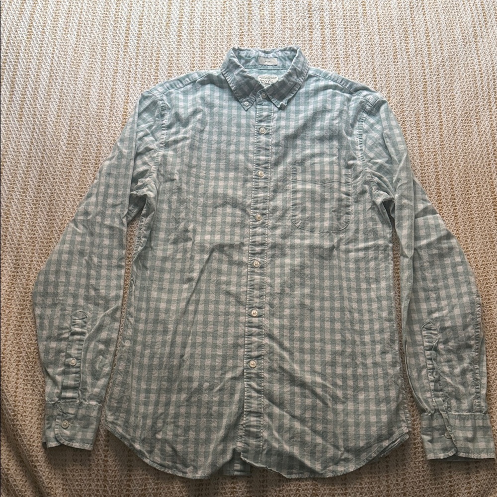 J. Crew Men's Medium Green White Checkered Button Down Shirt 98% Cotton Slim Fit